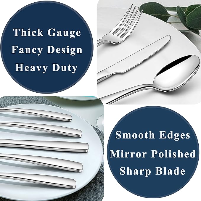 Herogo Heavy Duty Stainless Steel Silverware Set, 60-Piece Heavy Weight Flatware Cutlery Set for 12, Modern Tableware Eating Utensils for Home Hotel Wedding, Dishwasher Safe, Mirror Polished