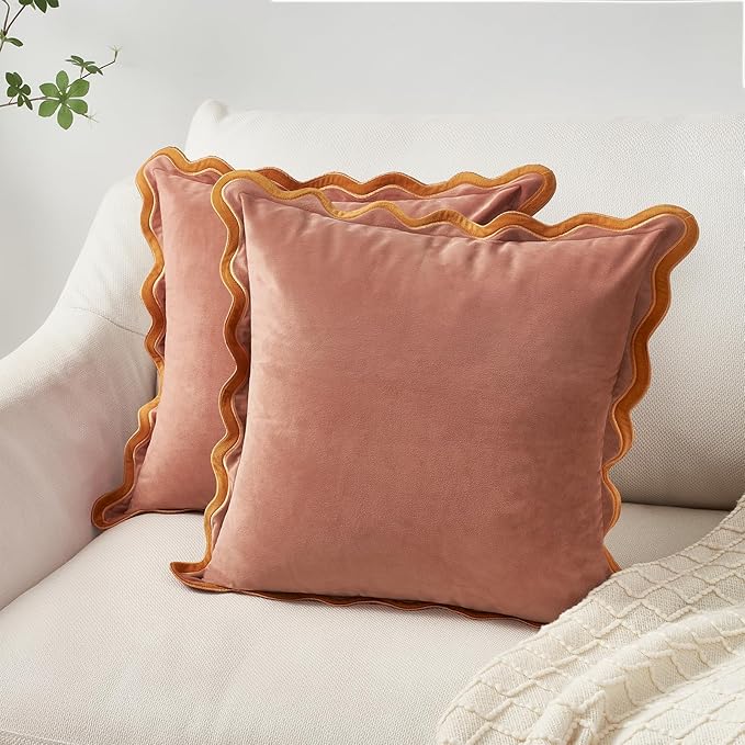 MONDAY MOOSE Decorative Throw Pillow Covers Cushion Cases, Set of 2 Soft Velvet Scalloped Wavy Edge Designs, Mix and Match for Home Decor, Pillow Inserts Not Included (Honey/Pink, 18x18 inch)