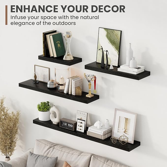 36 Inch Floating Shelves, 8 Inch Deep Floating Shelves for Wall, Hanging Shelf with Invisible Brackets, Deep Shelves for Bathroom, Bedroom, Living Room, Black, Set of 2