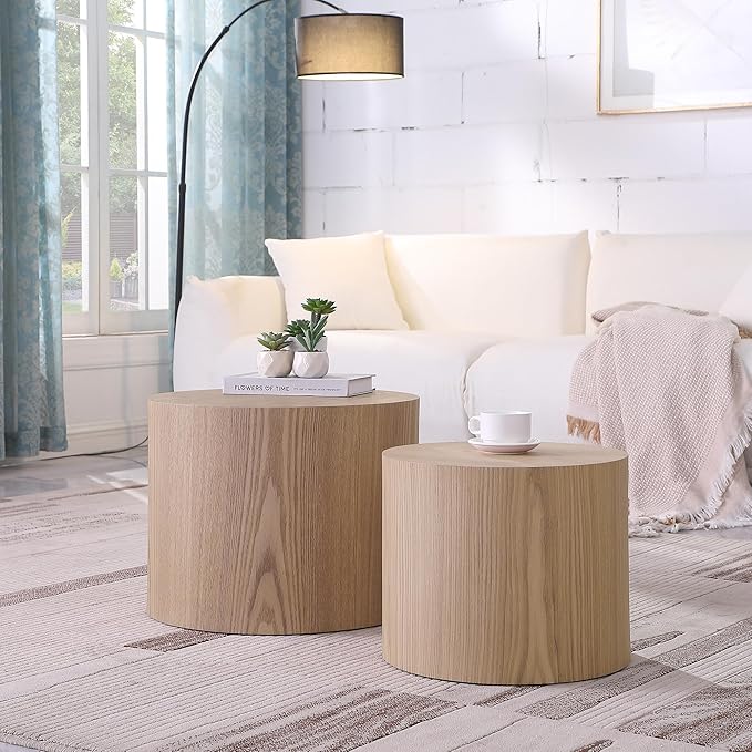 Round Coffee Table Set of 2, Nesting Coffee Table and End Table Set Wood Small Circle Drum Side Table for Living Room Office, No Assembly,Wooden