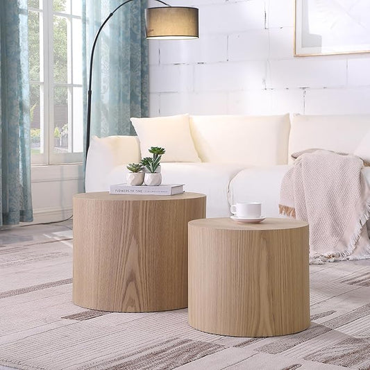 Round Coffee Table Set of 2, Nesting Coffee Table and End Table Set Wood Small Circle Drum Side Table for Living Room Office, No Assembly,Wooden