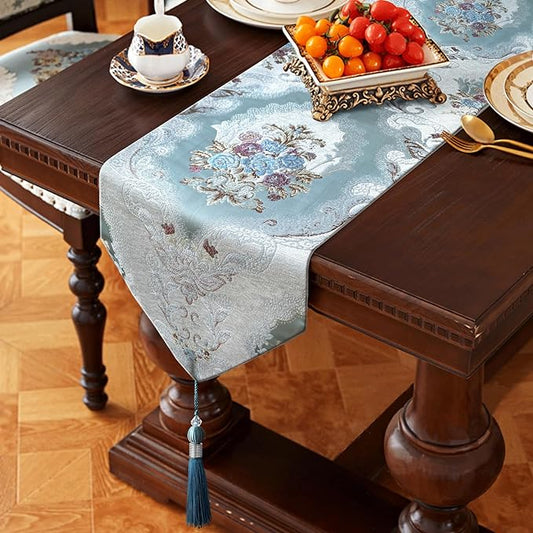 HeMiaor Luxurious Table Runners 98 inches Chenille Jacquard Fabric with Exquisite Hanging Ear Tassels Decoration for Wedding Decor Light Blue