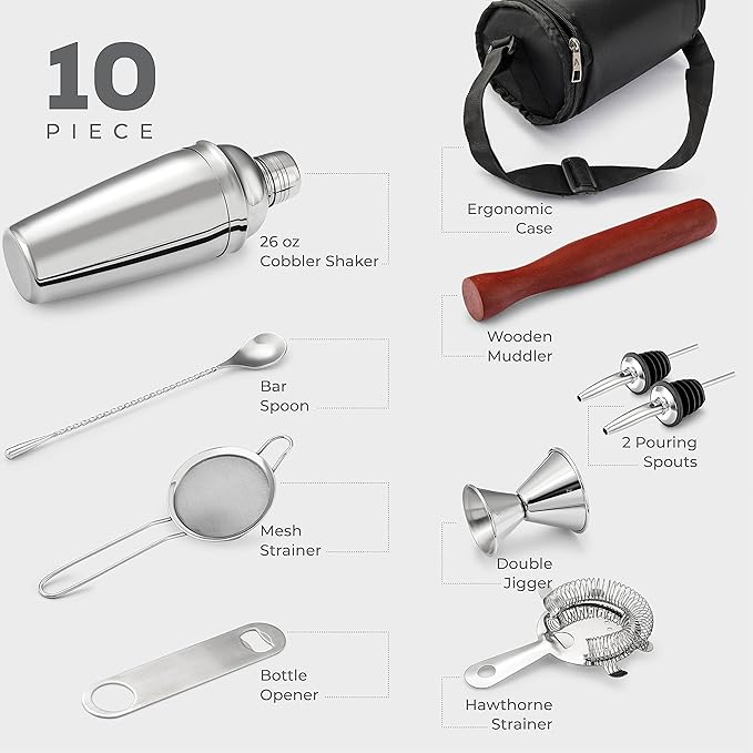 Cocktail Shaker Bartender Kit – Stainless Steel Drink Mixer Bar Accessories for The Home Bar Set with Travel Bag – Includes Muddler, Jigger, Strainer, Bar Spoon – 10-Piece Professional Cocktail Set