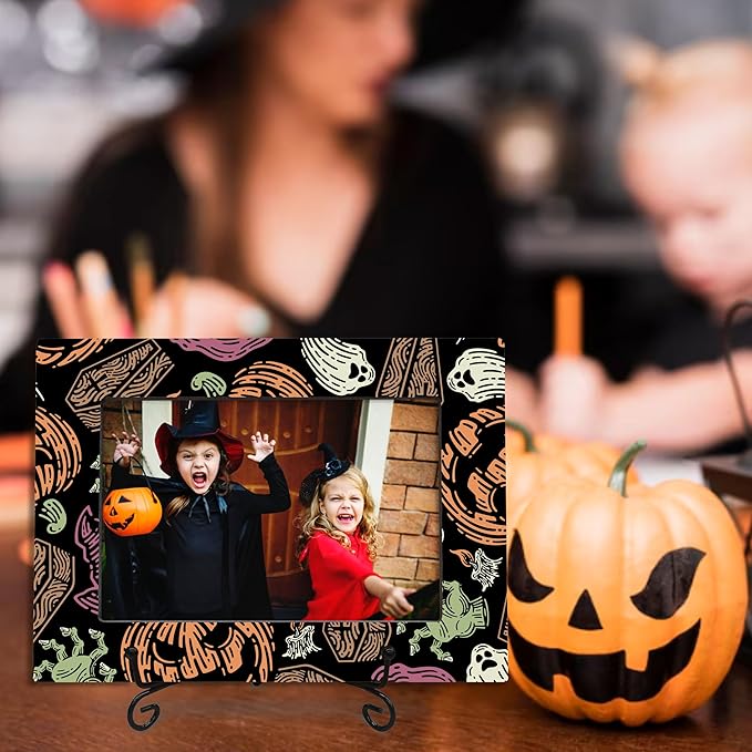 4X6 Halloween Picture Frame With A Metal Stand-Dark Style, Horrible Enchanted Pumpkin Ghost Wooden Photo Frame For Tabletop Display- Gifts for Kids Friends Family, Halloween Theme- A29