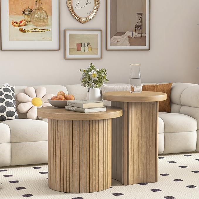 Set of 2 Nesting Coffee Tables Farmhouse,Round Coffee Tables Living Room,Wood Finish Coffee Table Set, Small Coffee Table, Sofa Side Living Room Bedroom Coffee Table Side Table (Small Size-Set)