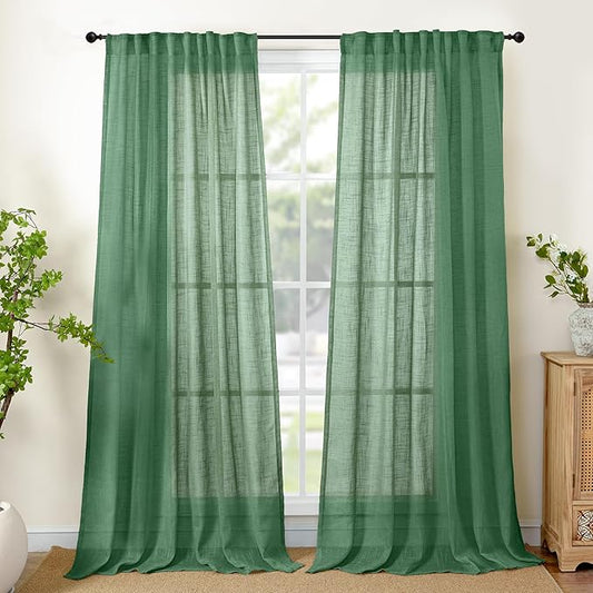 YoungsTex Green Linen Semi Sheer Curtains 84 Inch Length for Living Room 2 Panels, Light Filtering Window Treatments Rustic Textured with Rod Pocket Back Tab for Dining Bedroom, 52 X 84 Inch