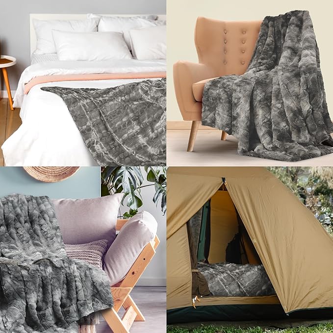 Everlasting Comfort Soft & Comfortable Gray Faux Fur Throw Blanket for Couch - (50"x65") Minky & Fluffy Fall Blankets & Throws, Plush Fuzzy Cover for Bed, Sofa & Living Room - Cozy Home Decor
