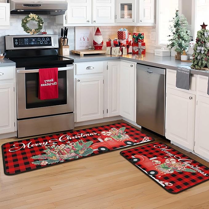 Buffalo Plaid Red Truck Christmas Kitchen Rugs 2 PCS, Merry Christmas Kitchen Rug, Non Skid Washable Soft Comfort Kitchen Rugs Set (17"x47"+17"x30",Merry Christmas)
