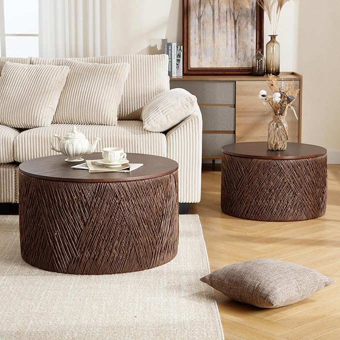 Large Farmhouse Round Coffee Table with Storage Boho Living Room Table Hand-Woven Rattan Nesting Coffee Tables for Living Room, Brown