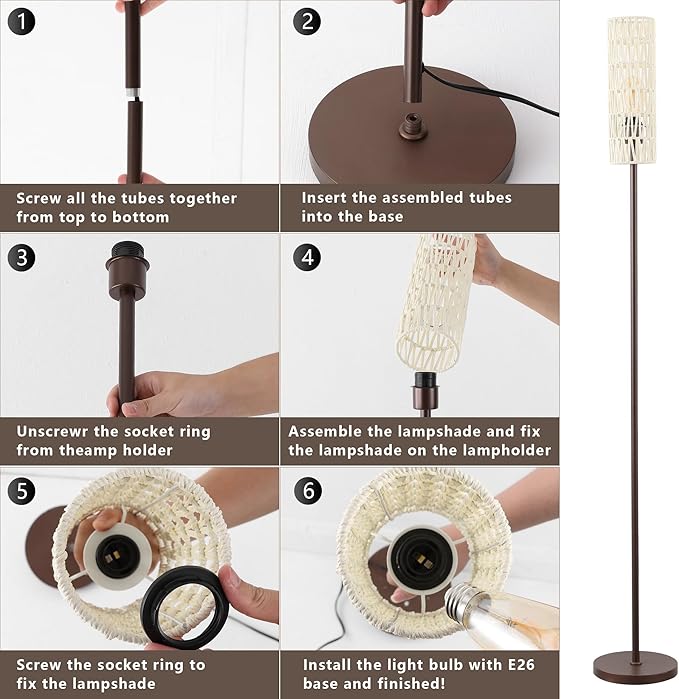 Floor Lamp for Living Room,Farmhouse Rattan Floor lamp,Modern Standing lamp with Hand-Worked Rattan Shade,Black Tall Lamp with Foot Switch，LED Bulb Included Brown