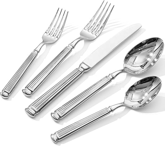 KINGSTONE Silverware Set, 5-Piece 18/10 Stainless Steel Flatware Set - Roman Column Embossed Thick Handle, for Wedding, Home, Restaurant, Kitchen and Party, Mirror Polish & Dishwasher Safe