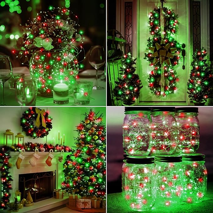 btfarm 30 Pack Fairy Lights Battery Operated [3 Modes], 7ft 20 Led Twinkle Lights String Lights Waterproof Bulk Small Mini Silver Wire for Christmas Mason Jars Wedding Table Centerpiece, Red Green
