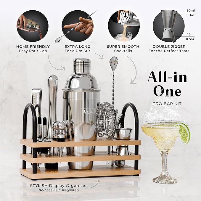 BARE BARREL® Mixology Bartender Kit Bar Set | 14-Piece Cocktail Shaker Set | Martini Barware Mixing Tools for Home Bartending | 35 Recipe Cards | Gift Set (24oz Cobbler Shaker, Silver/Natural)