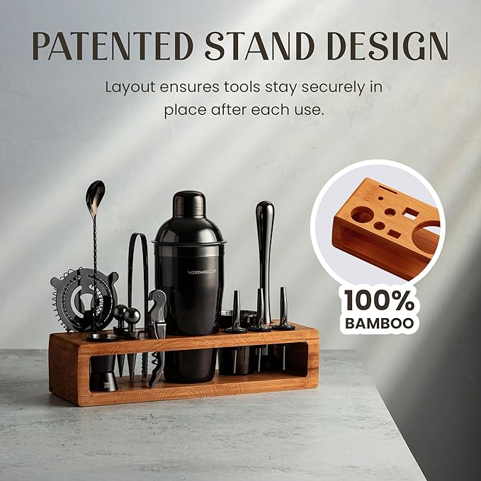 Modern Mixology 21-Piece Cocktail Shaker Set with Stand, Bartender Kit for Home Bar Accessories: 24oz Martini Shaker, Jigger, Strainer, Bar Spoon, Tongs, Opener, Muddler (Black, Brown Stand)