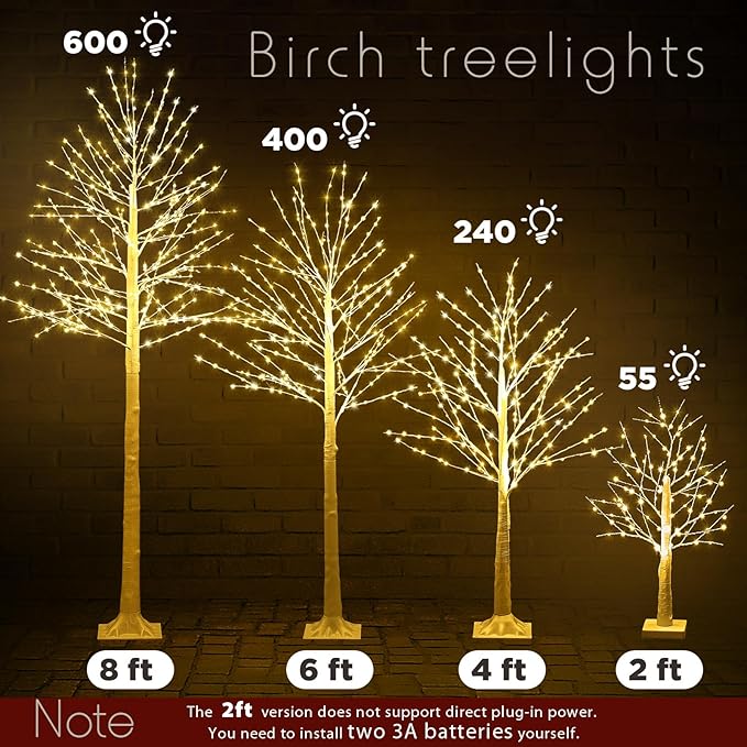 Baquler 8 Pack Lighted Birch Tree - Artificial LED Warm-White Light Birch Tree Decoration for Christmas Holiday Party Wedding Festival Decor, Indoor & Outdoor (2 4 6 8 ft)
