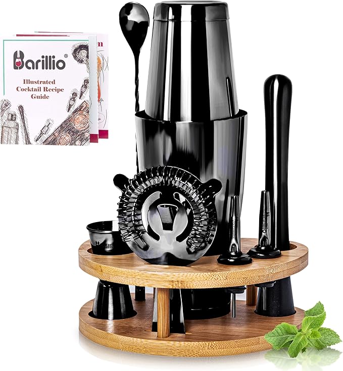 Barillio Black Mixology Bartender Kit with Stand - Cocktail Shaker Set with Bamboo Stand, Boston Drink Shaker, Mojito Muddler, and Drink Mixer Spoon - 9-Piece Bar Tools Set - Bar Accessories for Home