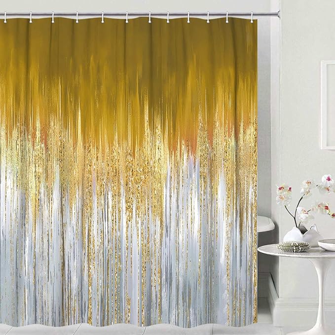 JAWO Abstract Blue Gold Shower Curtain, Marble Boho Ombre Minimalist Chic Art Shower Curtains, Modern Neutral Contemporary Striped Brush Strokes Tan Art Waterproof Bathroom Curtain with 12 Hooks