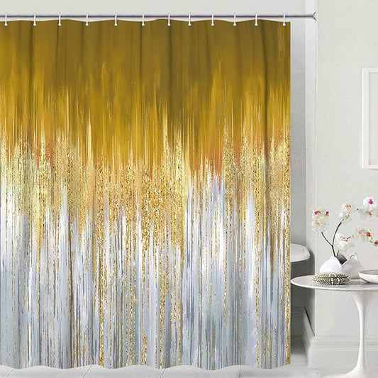 JAWO Abstract Blue Gold Shower Curtain, Marble Boho Ombre Minimalist Chic Art Shower Curtains, Modern Neutral Contemporary Striped Brush Strokes Tan Art Waterproof Bathroom Curtain with 12 Hooks