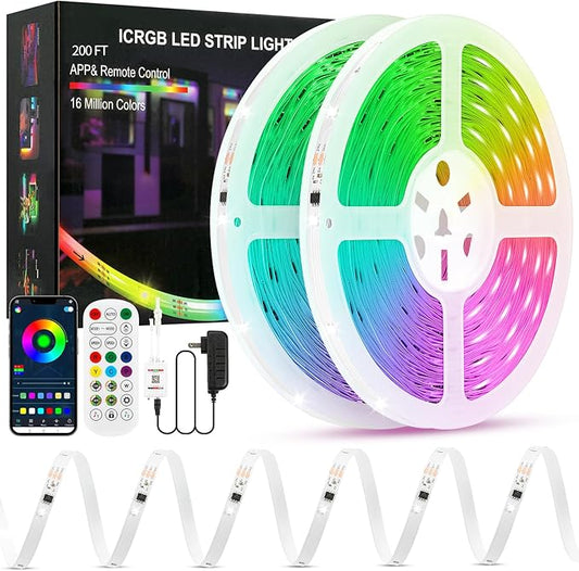 Led Lights for Bedroom, IC+RGB 200FT (2 Rolls of 100ft) Strip Lights, 24Key Remote with App Control, Music Sync Color Changing for Room Decor Party