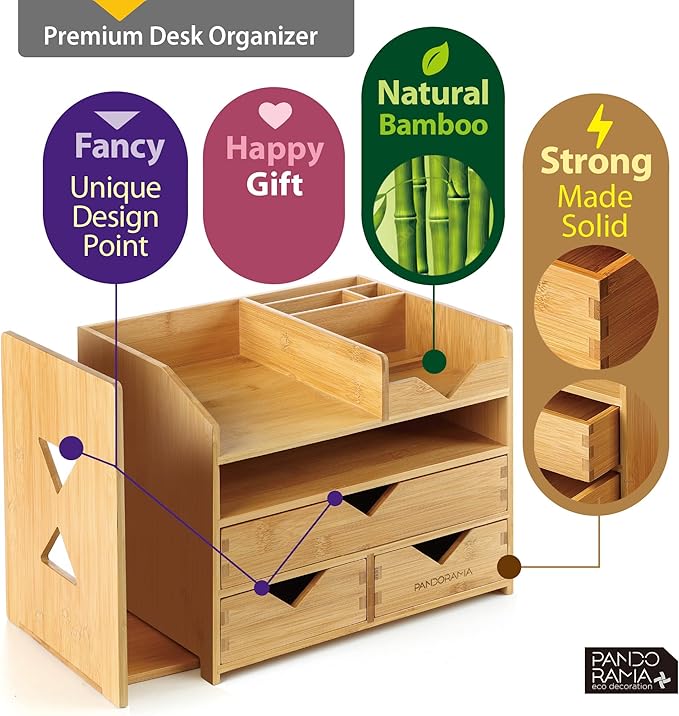 Pandorama Bamboo Desk Organizer with Adjustable File & Book Holder, Large 4Tier Dektop Storage for Office, A4 Full Size Drawer, No Assembly Required,Kitchen and Bedroom