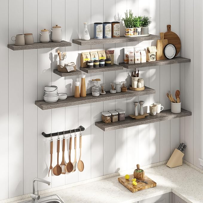 40 Inch Floating Shelves for Wall Set of 2, 8"D Wood Grain Bathroom Shelves with Invisible Brackets, Easy Install Engineered Wood Storage Shelves for Kitchen, Living Room, Bedroom, Grey Oak Finish