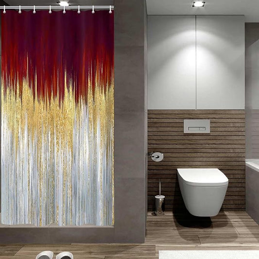 JAWO Abstract Dark RedSh ower Curtain, Gold Blue Boho Ombre Minimalist Chic Art Shower Curtains, Modern Neutral Contemporary Striped Brush Strokes Tan Art Waterproof Bathroom Curtain with 12 Hooks