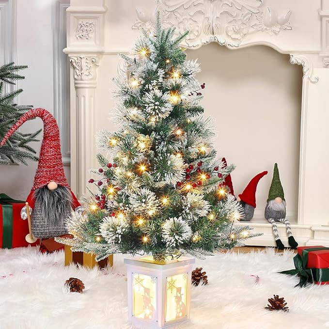 3ft Christmas Tree Pre-Lit Artificial Christmas Tree with Vintage Potted Base, Flocked Snow 78 Warm White LED Lights 8 Lighting Modes, Xmas Holiday Decor for Home, Entrances