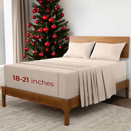 Mellanni Extra Deep Full Sheets - 4 PC Iconic Collection Bedding - Hotel Luxury, Ultra Soft, Cooling Bed Sheets - Wrinkle, Fade, Stain Resistant (Full, Beige)
