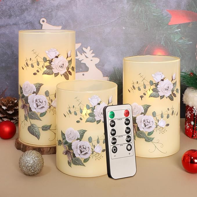 Flameless Candles with Remote & Timer, Love Theme Battery Operated Flickering Glass Rose LED Candles, Bedroom Home Christmas Summer Decor Table Ornament, Set of 3