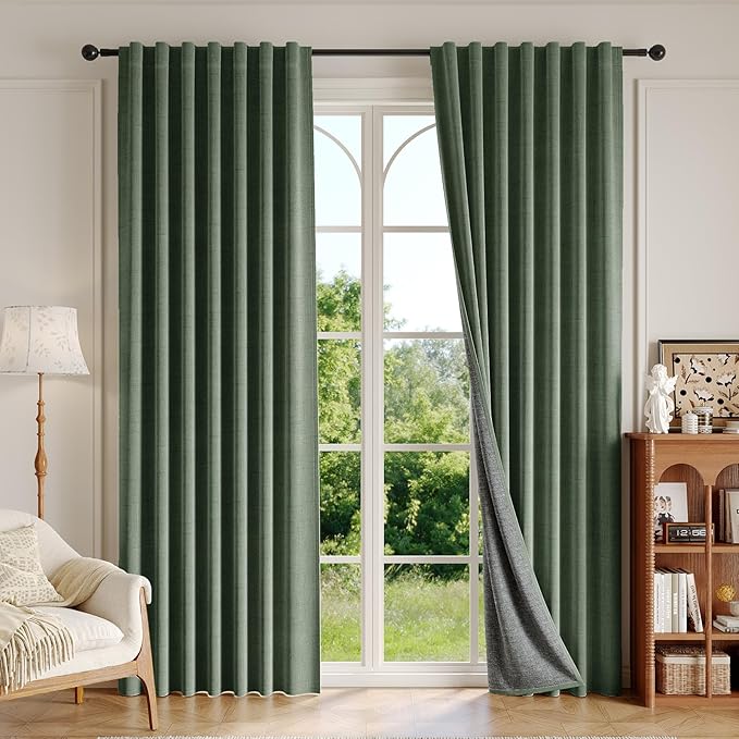 100% Blackout Curtains 102 inch Length 2 Panels for Living Room, Linen Textured Room Darkening Thermal Insulated Noise Reduction Farmhouse Drapes for Bedroom (W52xL102, Olive)