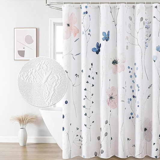 QiyI Watercolor Floral Shower Curtain, 3D Embossed Butterflies Pink Blue Bathroom Curtain, Minimalist Farmhouse White Bath Curtain, Waterproof Fabric Flower Shower Curtain Set with Hooks, 72x72
