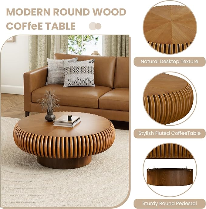 Fluted Drum Coffee Table Round Coffee Table for Living Room Mid Century Modern Coffee Tables with Sturdy Pedestal Circle Center Tea Table Accent Tea Table for Small Space Apartment (31.5" Brown)