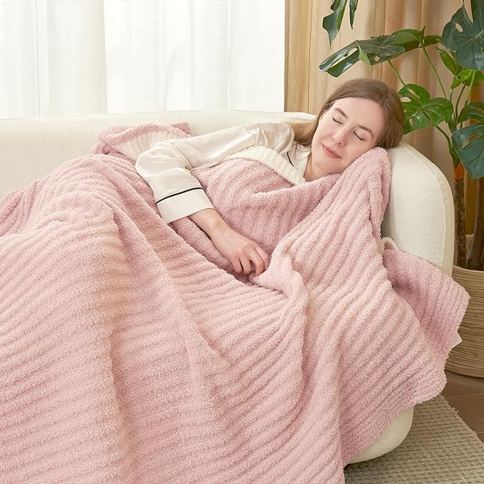 Snuggle Sac Fluffy Ribbed Blanket Pink Twin Size, Soft Luxurious Knit Throw, Fuzzy Plush Microfiber Blankets for Couch, Sofa, Bed, Pink, 60x80 inches