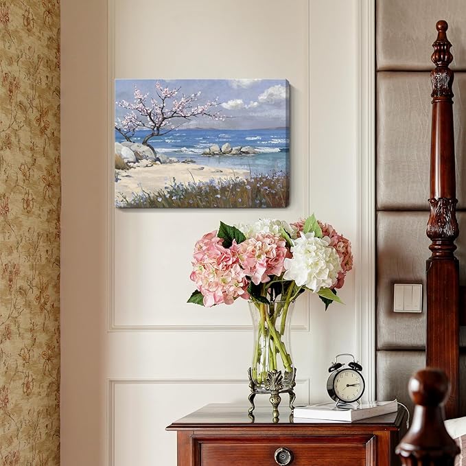 amatop Coastal Wall Art Small Bathroom Bedroom Kitchen Decor, Serene Pink Blossom Floral Tree Shore Calm Sea Beach Landscape Canvas Print Blue Ocean Scenery Abstract Nature Artwork for Walls 16x12 In