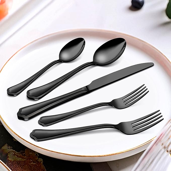 Herogo 40-Piece Black Silverware Set with Scalloped Edge, Stainless Steel Flatware Cutlery Set for 8, Modern Tableware Eating Utensils, Dishwasher Safe, Mirror Polished