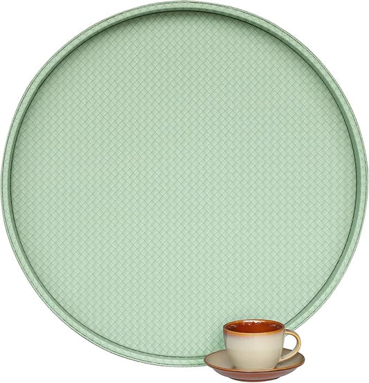 HofferRuffer Large Round Serving Tray 24'', Elegant Faux Leather Circle Ottoman Table Tray, Serve Tea Coffee Breakfast in Bedroom Living Room Kitchen (Light Green)