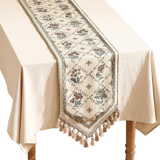patdrea Designer Vintage Floral Linen Table Runner 102 Inch Long,Beige Cottage Rustic Bouquets Pattern Table Mat,Decor for Kitchen Dining Table Coffee Table Cabinet Banquet Christmas ,12"*102"