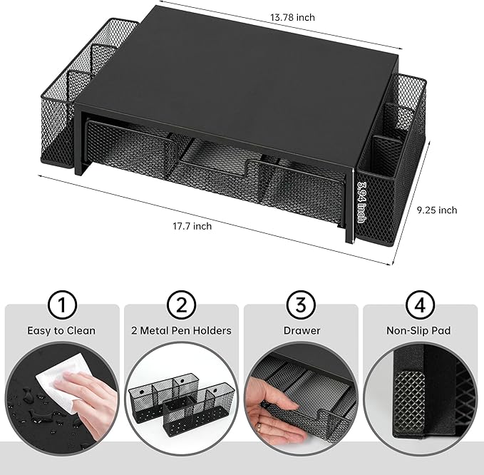 Computer Monitor Stand Riser with Drawer and Pen Holders, Desk Organizer Shelf and Accessories, Office Desk Accessories, Office Organization, Black