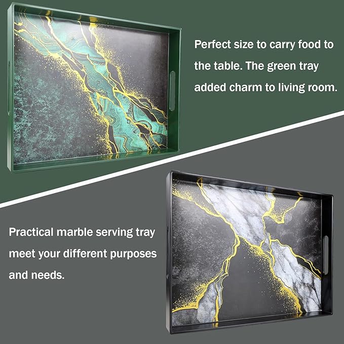 Marble Black Decorative Tray for Coffee Table, Ottoman, Rectangular Plastic Serving Platter Tray with Handles for Entertaining, Outdoor Patio, Living Room Counter, 15.7”*11.8”*1.6”