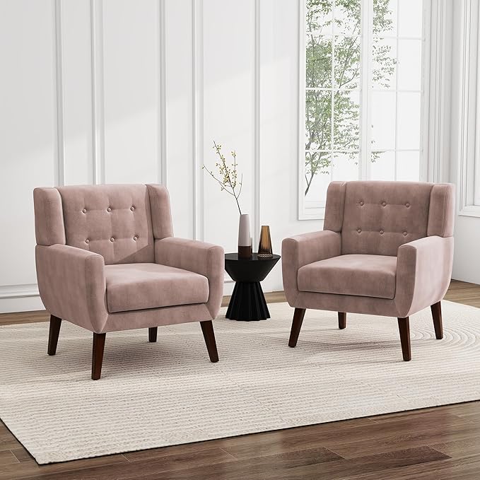 UIXE Velvet Accent Chairs Set of 2, Modern Arm Chair Mid-Century Living Room Armchair, Comfy Upholstered Button Tufted Reading Seat Bedroom Side Sitting, Skin Pink
