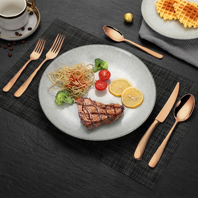 Lemeya 20-Piece Hammered Rose Gold Silverware Set for 4 with Serrated Forging Knives,18/10 Stainless Steel Modern Flatware Set,Unique Cutlery Set Spoons and Forks Set,Mirror Polished,Dishwasher Safe