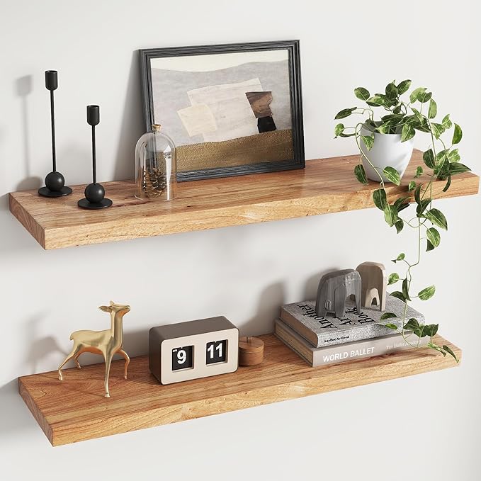 Rustic Elm Wood Floating Shelves for Wall, Flat Edge 36"W x 9.2"D x 1.4"H, Set of 2 with Invisible Bracket, Wall Mounted Storage Shelves for Living Room Bedroom Kitchen Bathroom Decor, Natural Finish