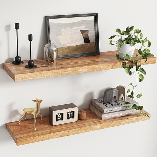 Rustic Elm Wood Floating Shelves for Wall, Flat Edge 36"W x 9.2"D x 1.4"H, Set of 2 with Invisible Bracket, Wall Mounted Storage Shelves for Living Room Bedroom Kitchen Bathroom Decor, Natural Finish