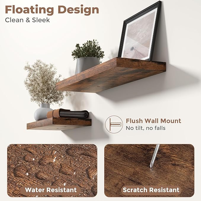 Floating Shelves for Wall with Invisible Brackets, Wall Mounted Engineered Wood Shelves with Wood Grain for Living Room, Bedroom, Bathroom, Kitchen Decor and Storage, Oak, 8"L Set of 3, Rustic Brown
