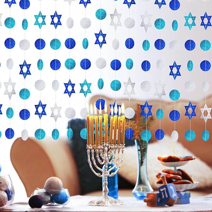 MARFOREVER Hanukkah Decorations Hanging Swirls 5 PCS 41 Ft Chanukah Decorations Glitter Blue White Star of David Streamers Hanukkah Garland for Jewish Party Home Wall Ceiling Decor