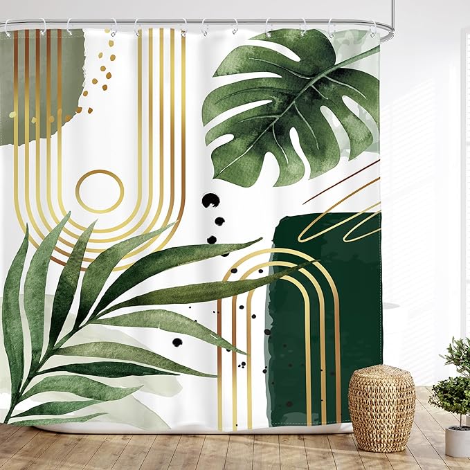 Glawry Green Gold Boho Mid Century Shower Curtain Abstract Tropical Plant Minimalist Modern Geometric Palm Leaf Arch Bathroom Simple 72Wx72L Inches Bath Accessories Art Home Decor Fabric 12 Pack Hooks