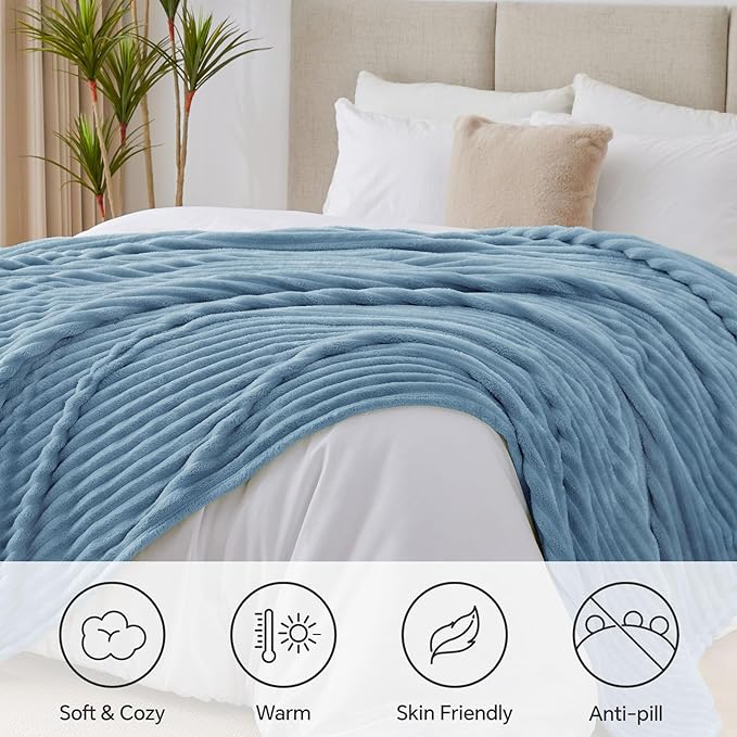 BEDELITE King Size Blanket for Bed, 300GSM Soft & Warm Fleece Blanket, Decorative and Giftable Striped Light Blue Blankets for Women, Men, 108"x90"