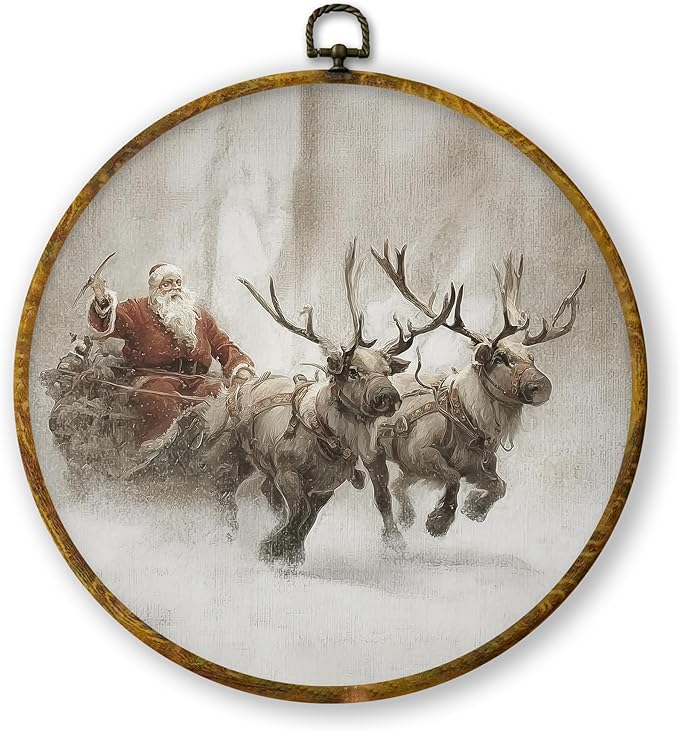 QZQE Vintage Christmas Santa and Reindeer Round Wall Art Decor Framed, Xmas Snowy Winter Circle Canvas Prints, Rustic Cozy Winter Circular Wall Hanging Decor for Home Bedroom Living Room, 10x10 Inch