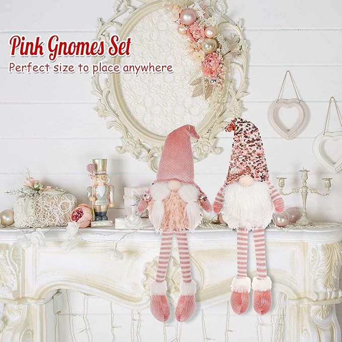 HMASYO Pink Couple Christmas Swedish Gnomes - 2Packs Handmade Swedish Tomte Santa Figurine Plush Elf with Sequin Hat, Long Leg Gnomes Plush Elf Xmas Decor Thanksgiving