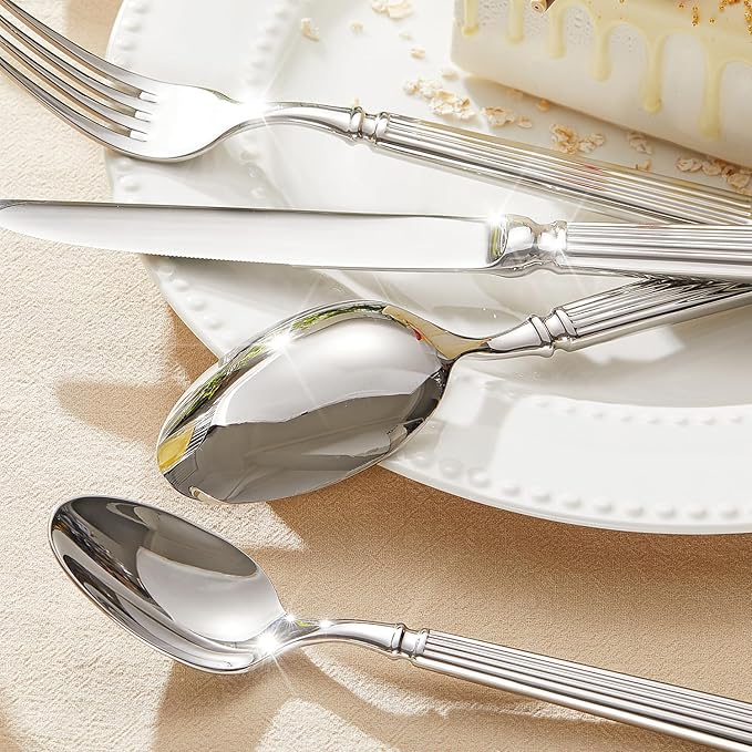 KINGSTONE Silverware Set, 20-Piece 18/10 Stainless Steel Flatware Set - Roman Column Embossed Thick Handle, for Wedding, Home, Restaurant, Kitchen and Party, Mirror Polish & Dishwasher Safe
